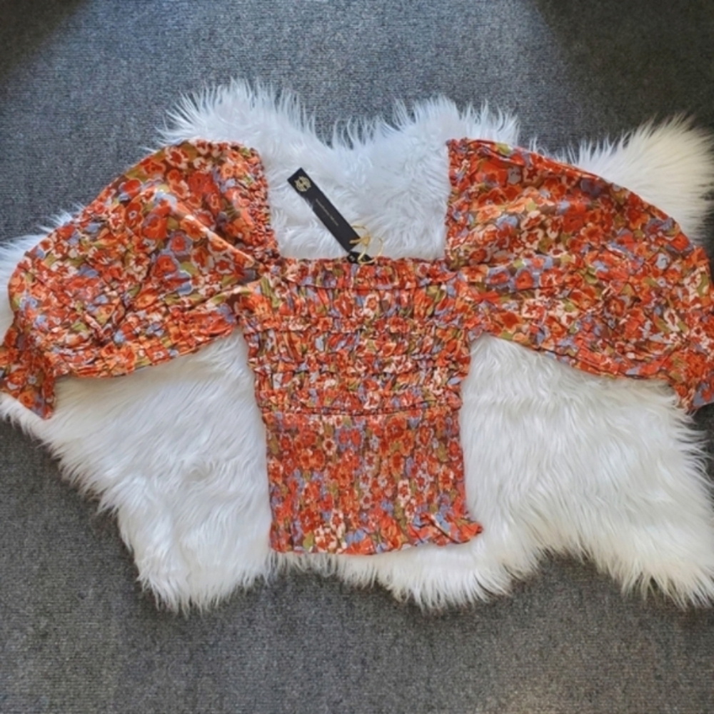 NWT House of Harlow Charisma Orange Puff-Sleeve Smocked Top, XS